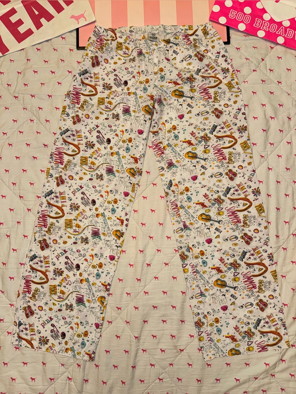 VS PINK VINTAGE Y2K WIDE LEG COTTON PJ PAJAMA PANTS SUMMER HEART GRAFFITI LOGO S